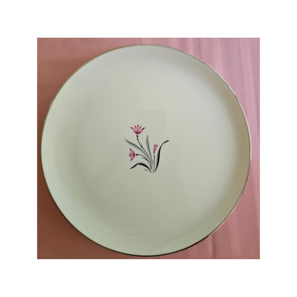 Syracuse China Alpine Pink Lily Dinner Plates Set of 8 Silver Trim MCM USA - Picture 1 of 6